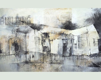 Charcoal Drawing, Abandoned - Fine Art Print - Building - Abandoned House, Mixed Media, Charcoal Drawing, Abandoning