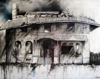 Charcoal Drawing, Detroit - Fine Art Print - "7722 LaSalle Gardens" - Abandonings, Detroit, Charcoal, Mixed Media