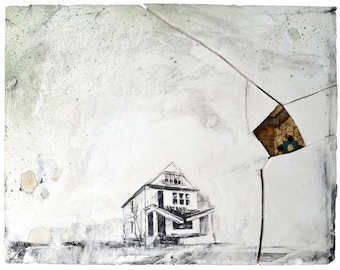 Charcoal Drawing - Fine Art Print - "Watson Street" - Abandonings, Charcoal, Mixed Media, Abandoned House, Michigan, Detroit Abadoned