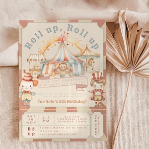 Watercolor Carnival 5th Birthday Invitation: Circus Ticket Invite, Red Big Top Evite (Editable Canva Template)