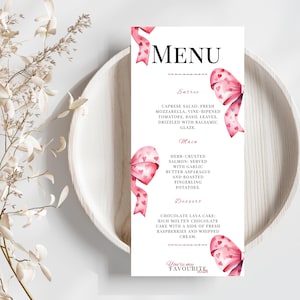 Menu na Walentynki - Zabawna, drukowana randka, romantyczna kolacja - do pobrania w wersji cyfrowej - czerwony i czarny, różowa kokarda, VD01