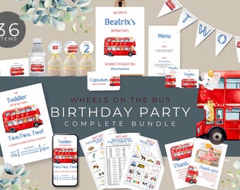 May include: A complete party bundle for a toddler's birthday party with a red double-decker bus theme. The bundle includes invitations, thank you cards, cupcake toppers, a menu, a welcome sign, and party games. The text on the welcome sign reads "Welcome to Beatrix's Birthday Party Saturday 17th August 2004 #twotwotwo".