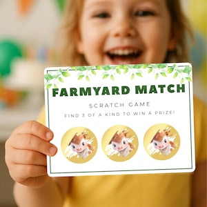 Jeu de cartes à gratter dans la cour de la ferme – Jeu de fête pour enfants à imprimer – Activité de faveur pour les animaux de vache cochonne – 3 de suite – PDF – Téléchargement numérique