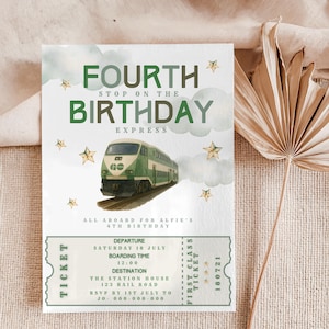 May include: A birthday invitation with a train theme. The invitation features the text "Fourth Stop on the Birthday Express" and a green train illustration. Details include the date, time, and location of the party, along with a ticket design.