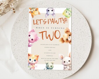 Bewerkbare Let's Pawty 2e verjaardagsuitnodiging: pluche dieren uitnodigen, sjabloonpresentatie (digitale download)