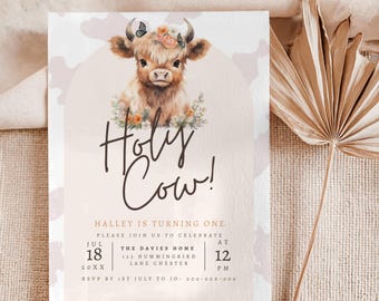 Highland Cow First Birthday Invitation: Muted Beige (Digital Download)