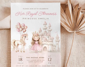 Her Royal Threeness Invites, Editable 3rd Birthday Princess Invitation, Digital Download, Magical Theme Invite