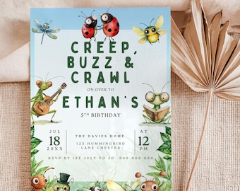 Invitación para el quinto cumpleaños de Bug: temática de bichos, invitación de jardín peculiar, verde (descarga de plantilla editable)