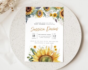 Zaproszenie na baby shower z motywem słonecznika, żółte zaproszenie wiosenne, edytowalny szablon zaproszenia z motywem kwiatów ogrodowych (do pobrania w wersji cyfrowej)