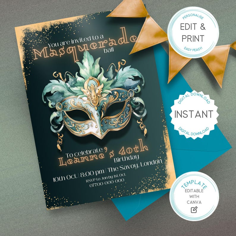 Editable 'masquerade Ball’ Birthday Party Invitation | 5x7 Canva ...
