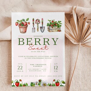 Uitnodiging babyshower aardbei: Berry Sweet Garden Invite, Fruit Evite (digitale afdrukbare sjabloon)