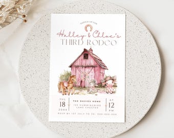 Twin Rodeo Birthday invitations three, Editable Sibling Third rodeo girls, Cowgirl Theme Wild West Western Template, Printable Digital