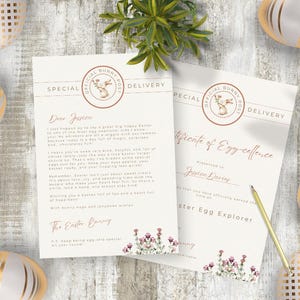 Carta de Pascua de un conejito y certificado de búsqueda de huevos (plantilla imprimible y editable de Canva) con un adorable conejo floral (2 tamaños)