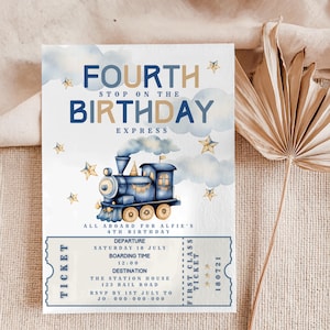Train 4th Birthday Invitation, Blue Railroad Ticket Invite, Fourth Express Evite (Editable Template Download)