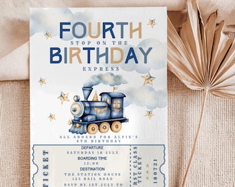 Invitación de tren para 4.º cumpleaños, invitación de boleto de tren azul, Fourth Express Evite (descarga de plantilla editable)