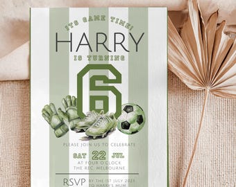 Soccer 6th Birthday Invitation: Green Stripe, Football Party Invite, Sports Evite, Editable Template (Digital Download)