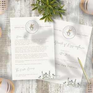 Carta de Pascua de un conejito y certificado para la búsqueda de huevos (plantilla imprimible y editable de Canva)
