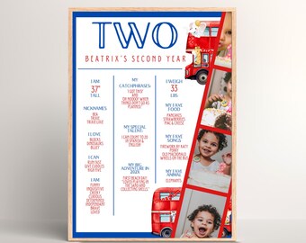 May include: A colorful printable poster celebrating a child's second birthday. The poster features a red double-decker bus, a photo of a child, and a list of facts about the child, including their height, weight, favorite foods, and favorite songs. The poster is decorated with red, white, and blue accents.