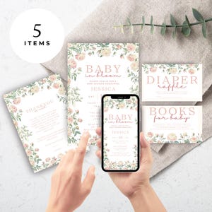 Lot modifiable d'invitations pour une fête de naissance | Lot de cartes de remerciement tombola de couches pour bébé | Invitation florale printanière de feuillage sauvage Merci / FL02