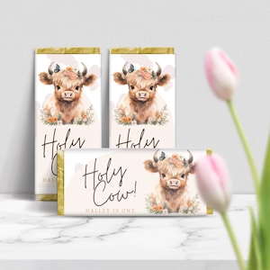 Holy Cow One チョコレートバー ラッピングテンプレート | 印刷可能なキャンディパーティーの記念品 | ハイランドカウ | 編集可能な Canva テンプレート | 2 サイズ HC01