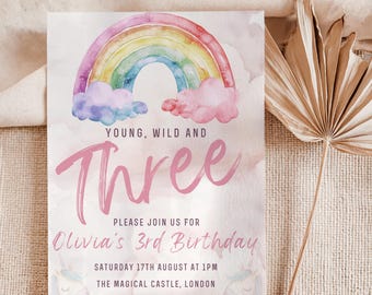 Unicorn Rainbow 3rd Birthday Invitation, Rainbows Young Wild and Three Invite, Evite,  Editable Canva Template (5x7")