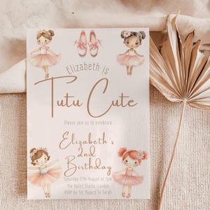 Editable Tutu Cute 2nd Birthday Invitation Template - Watercolor Ballerinas, Ballet theme, Soft Pink & Beige Invite , 5x7, 1240x1748, Canva