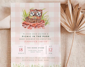 Picnic in the Park Baby Shower Invitation: Gingham Hamper Invite, Food Basket Evite Country Cottagecore (Editable Canva Template)