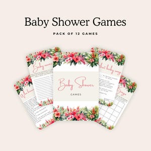 Juegos para baby shower / Paquete floral tropical / Paquete de 12 / Actividades para fiestas / Flores rojas y verdes con hojas / Predicciones de bingo y buenos deseos TP01