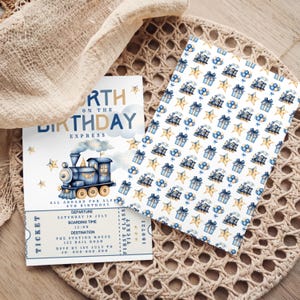 Train 4th Birthday Invitation, Blue Railroad Ticket Invite, Fourth Express Evite (Editable Template Download) image 2