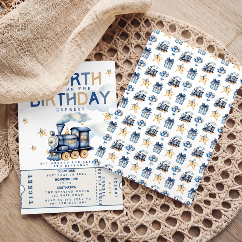 Train 4th Birthday Invitation, Blue Railroad Ticket Invite, Fourth Express Evite (Editable Template Download) image 2