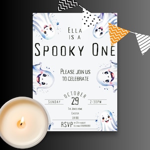 Modello di invito per il primo compleanno Spooky One / Tema fantasma di Halloween / bianco e nero / Download digitale modificabile / 5x7 e digitale - HALL01