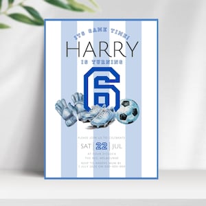 d'invitation à rayures bleues d'anniversaire de football | Modèle modifiable pour la 6e heure de jeu | Invitation à une fête de football 5 x 7 + numérique | Téléchargement instantané | FB01