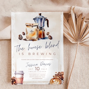 Invitación para baby shower con diseño de granos de café: acuarela neutra (plantilla imprimible digitalmente)