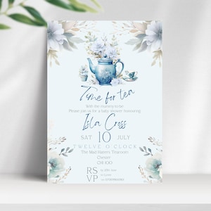 Bearbeitbare Babypartyeinladung | Nachmittagstee, Teeparty | Babybrauen | Junge Blaue Blumen & Teetassen | Digital Druckbare Vorlage - ATC03