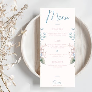Babypartymenüvorlage, Elegant, Blumenteeparty Rosa und Blau, Benutzerdefiniert, sofort bearbeitbar - ATC02