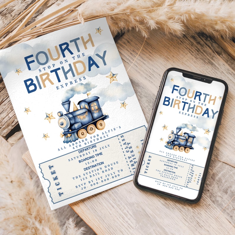 Train 4th Birthday Invitation, Blue Railroad Ticket Invite, Fourth Express Evite (Editable Template Download) image 3