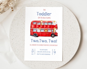 Wheels on The Bus 2nd Birthday Invitation: London Bus, Zoo Animals, two invite, red school evite (Digital Download)