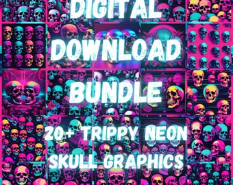 DIGITAL DOWNLOAD BUNDLE Trippy Neon Skull Graphic Design Background Wallpaper Print