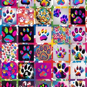 May include: A vibrant collage of paw prints in various colors and styles. Each square features a unique design, including watercolor effects, stained glass, and splatter paint. The overall theme suggests pet-related art or decor.
