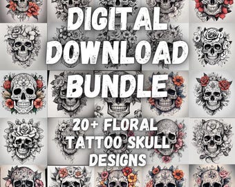 DIGITAL DOWNLOAD BUNDLE Floral Tattoo Skull Design Background Wallpaper Print
