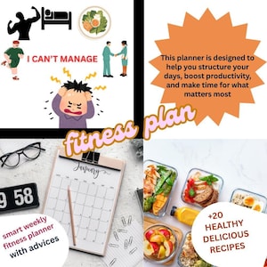 May include: A fitness planner with a calendar, healthy meal prep containers, and the text "fitness plan". The planner is designed to help you structure your days, boost productivity, and make time for what matters most. It also includes 20 healthy and delicious recipes.