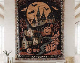 Vintage Quaint Halloween Village Woven Throw Blanket, Spooky Wall Art Tapestry, Traditional Dark Cottagecore, Whimsigoth Maximalist Decor
