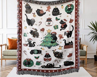 Christmas Tree Cats Woven Throw Blanket, Holiday Wall Tapestry for Pet Parent, Seasonal Cozy Cottagecore, Funny Cat Mom Gift for Her