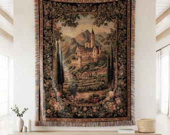 Medieval Castle Woven Decorative Throw Blanket, Fantasy Knight Fairytale Romance Tapestry, Dark Academia Warrior Aesthetic Castlecore Decor