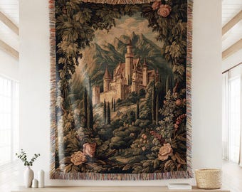 Floral Medieval Castle Woven Throw Elegant Fringe Blanket, Fantasy Romance Knight Tapestry, Dark Academia Decor, Moody Castlecore Wall Art