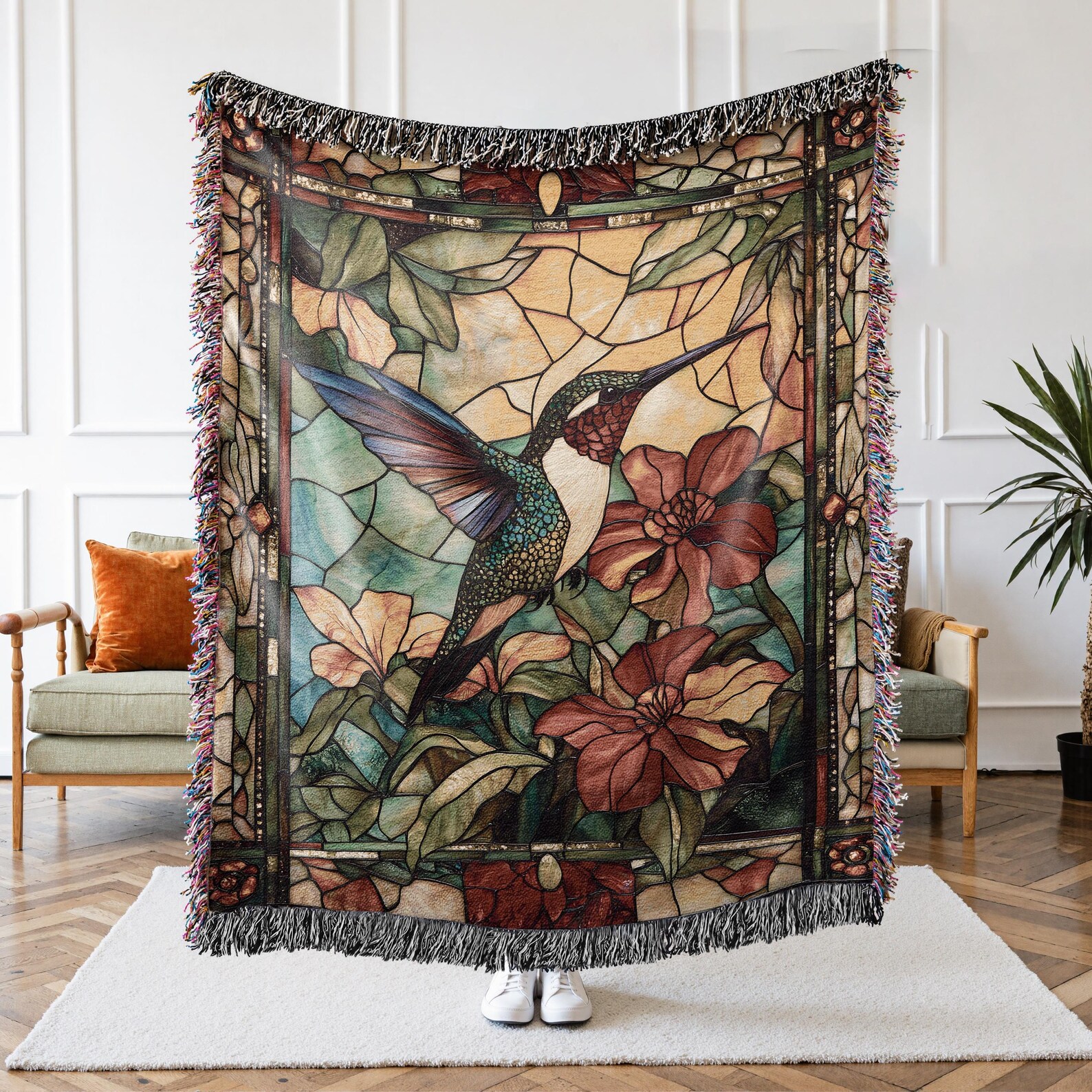 Stained Glass Hummingbird Woven Throw Blanket, Floral Decor Botanical ...