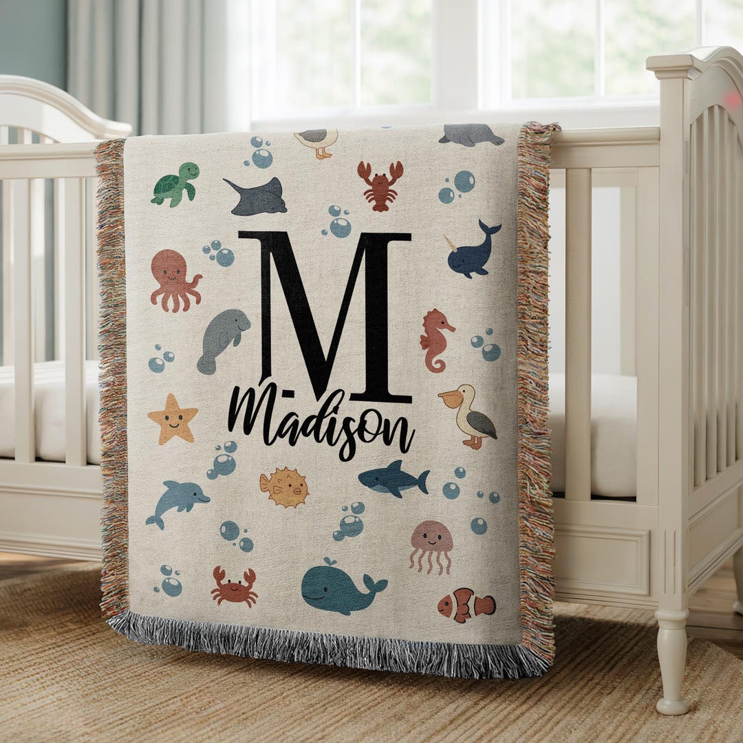 Personalized Name Ocean Animal Baby Blanket: Under the Sea Maritime ...