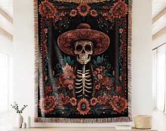 Day of the Dead Sugar Skull Woven Throw Blanket, Floral Dia de Muertos Decor, Mexican Hispanic Heritage Maximalist Holiday Wall Tapestry