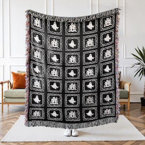 Haunted House Ghost Faux Granny Square Woven Throw Blanket, Gothic Halloween Minimalist Black White Spooky Tapestry, Dark Cottagecore Home