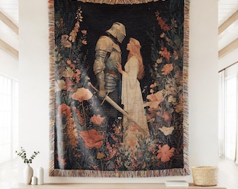 Knight and Princess Woven Decorative Throw Blanket, Medieval Fantasy Romance Tapestry, Dark Academia Warrior Aesthetic Castlecore Decor